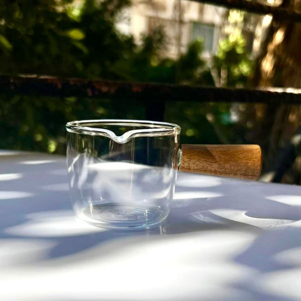 product_ Espresso Shot Glass 150ML/5OZ Triple Pitcher Barista Single Spouts With Wood Handle name - KhogaKhoga